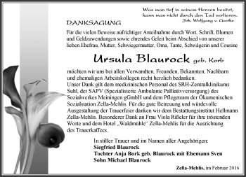 Traueranzeige von Ursula Blaurock von Südthüringer Presse