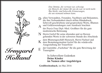 Traueranzeige von Irmgard Holland von Südthüringer Presse
