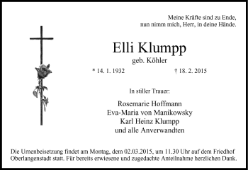 Traueranzeige von Elli Klumpp von Neue Presse Coburg