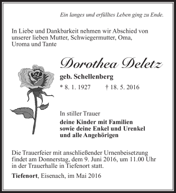 Traueranzeige von Dorothea Deletz von Südthüringer Presse