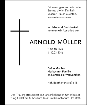 Traueranzeige von Arnold Müller von Frankenpost