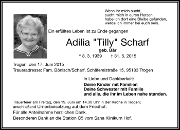 Traueranzeige von Adilia Scharf von Frankenpost