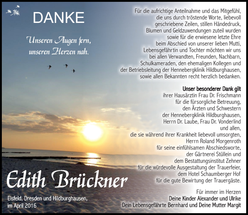  Traueranzeige für Edith Brückner vom 16.04.2016 aus Südthüringer Presse