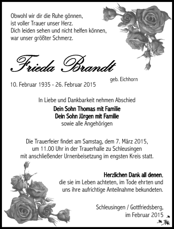 Traueranzeige von Frieda Brandt von Südthüringer Presse