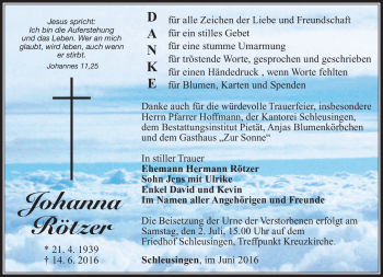 Traueranzeige von Johanna Rötzer von Südthüringer Presse