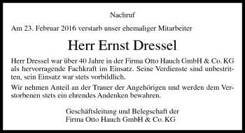Traueranzeige von Ernst Dressel von Neue Presse Coburg