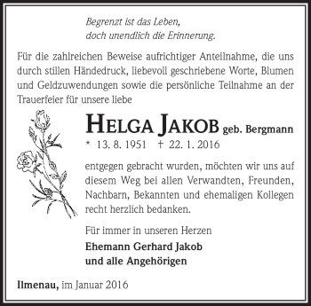 Traueranzeige von Helga Jakob von Südthüringer Presse