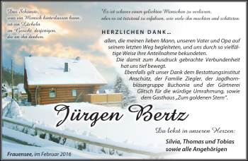 Traueranzeige von Jürgen Bertz von Südthüringer Presse
