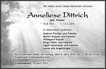 Traueranzeige von Anneliese Dittrich von Südthüringer Presse