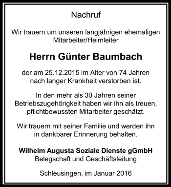 Traueranzeige von Günter Baumbach von Südthüringer Presse