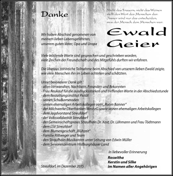 Traueranzeige von Ewald Geier von Südthüringer Presse