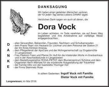 Traueranzeige von Dora Vock von Südthüringer Presse