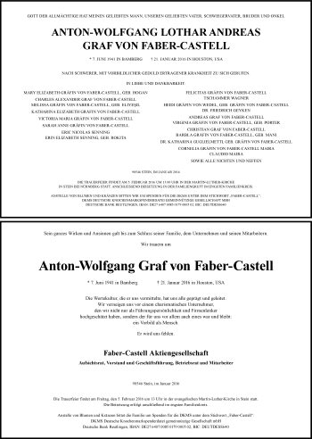 Traueranzeige von Anton-Wolfgang Graf von Faber-Castell von Frankenpost