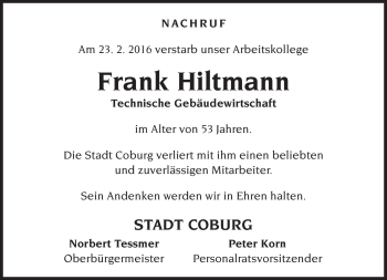 Traueranzeige von Frank Hiltmann von Neue Presse Coburg