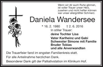 Traueranzeige von Daniela Wandersee von Frankenpost