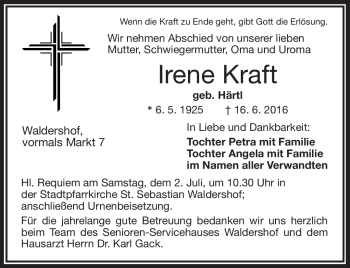 Traueranzeige von Irene Kraft von Frankenpost