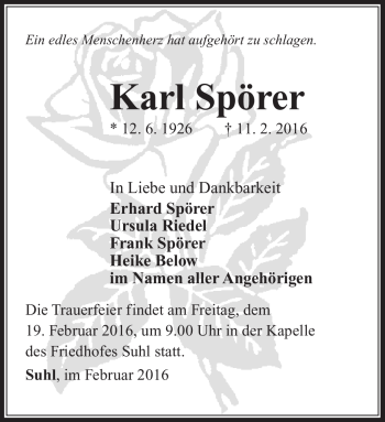 Traueranzeige von Karl Spörer von Südthüringer Presse