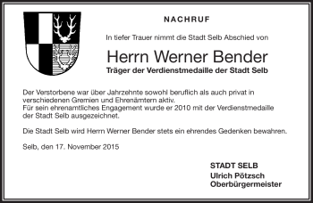 Traueranzeige von Werner Bender von Frankenpost