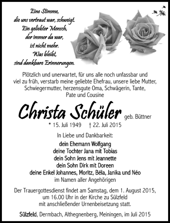 Traueranzeige von Christa Schüler von Südthüringer Presse