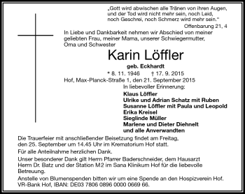Traueranzeige von Karin Löffler von Frankenpost