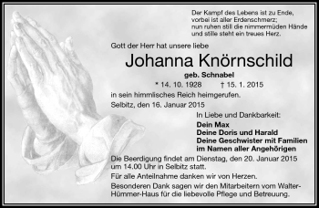 Traueranzeige von Johanna Knörnschild von Frankenpost