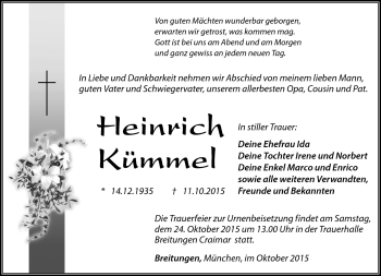 Traueranzeige von heinrich Kümmel von Südthüringer Presse