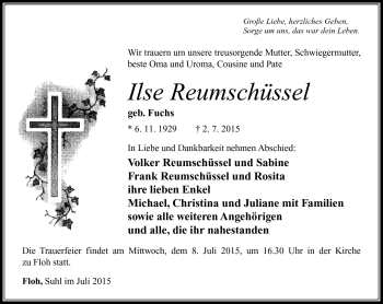 Traueranzeige von Ilse Reumschüssel von Südthüringer Presse