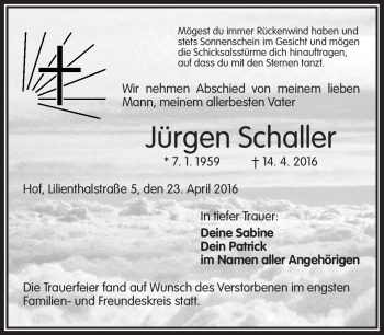 Traueranzeige von Jürgen Schaller von Frankenpost