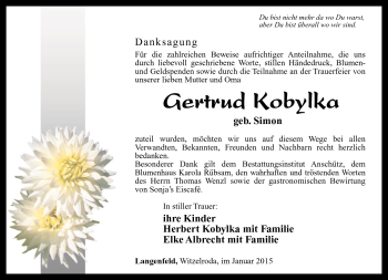 Traueranzeige von Gertrud Kobylka von Südthüringer Presse