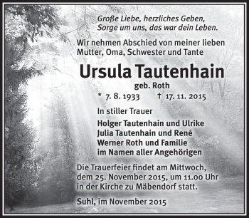 Traueranzeige von Ursula Trautenhain von Südthüringer Presse