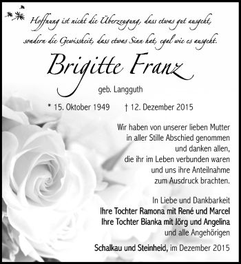 Traueranzeige von Brigitte Franz von Südthüringer Presse