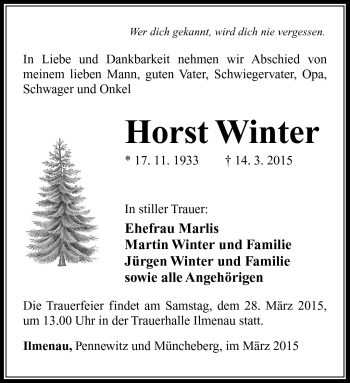 Traueranzeige von Horst Winter von Südthüringer Presse