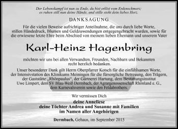 Traueranzeige von Karl-Heinz Hagenbring von Südthüringer Presse