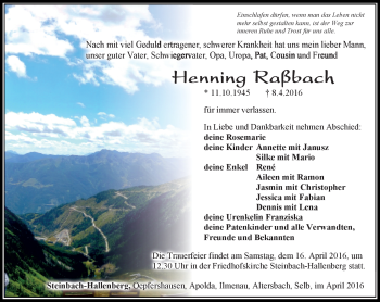 Traueranzeige von Henning Raßbach von Südthüringer Presse