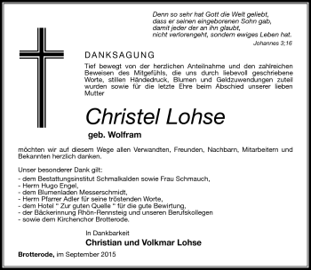 Traueranzeige von Christel Lohse von Südthüringer Presse