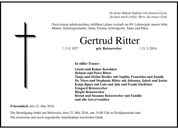 Traueranzeige von Gertrud Ritter von Neue Presse Coburg