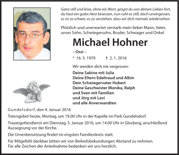 Traueranzeige von Michael Hohner von Neue Presse Coburg