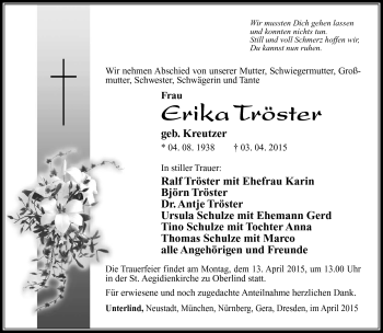 Traueranzeige von Erika Tröster von Südthüringer Presse