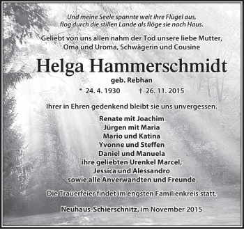 Traueranzeige von Helga Hammerschmidt von Südthüringer Presse