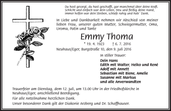 Traueranzeige von Emmy Thoma von Frankenpost