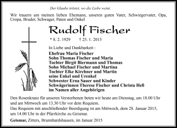 Traueranzeige von Rudolf Fischer von Südthüringer Presse