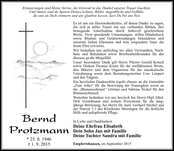 Traueranzeige von Bernd Protzmann von Südthüringer Presse