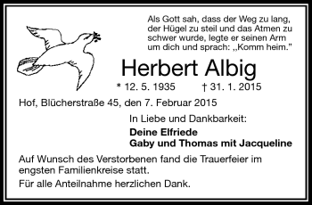 Traueranzeige von Herbert Albig von Frankenpost