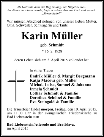 Traueranzeige von Karin Müller von Südthüringer Presse