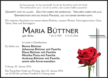 Traueranzeige von Maria Büttner von Neue Presse Coburg