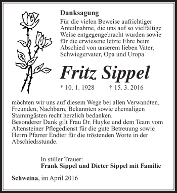 Traueranzeige von Fritz Sippel von Südthüringer Presse