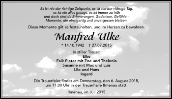 Traueranzeige von Manfred Ulke von Südthüringer Presse