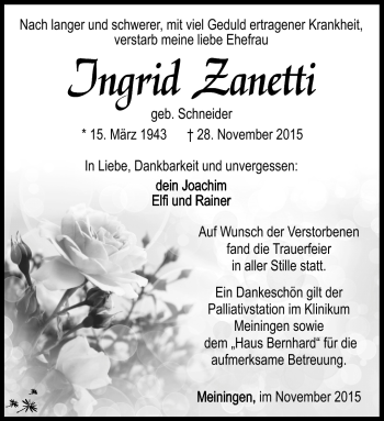 Traueranzeige von Ingrid Zanetti von Südthüringer Presse