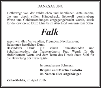 Traueranzeige von Falk Carlotto von Südthüringer Presse