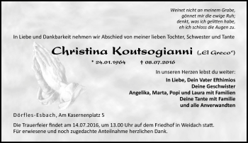 Traueranzeige von Christina Koutsogianni von Neue Presse Coburg